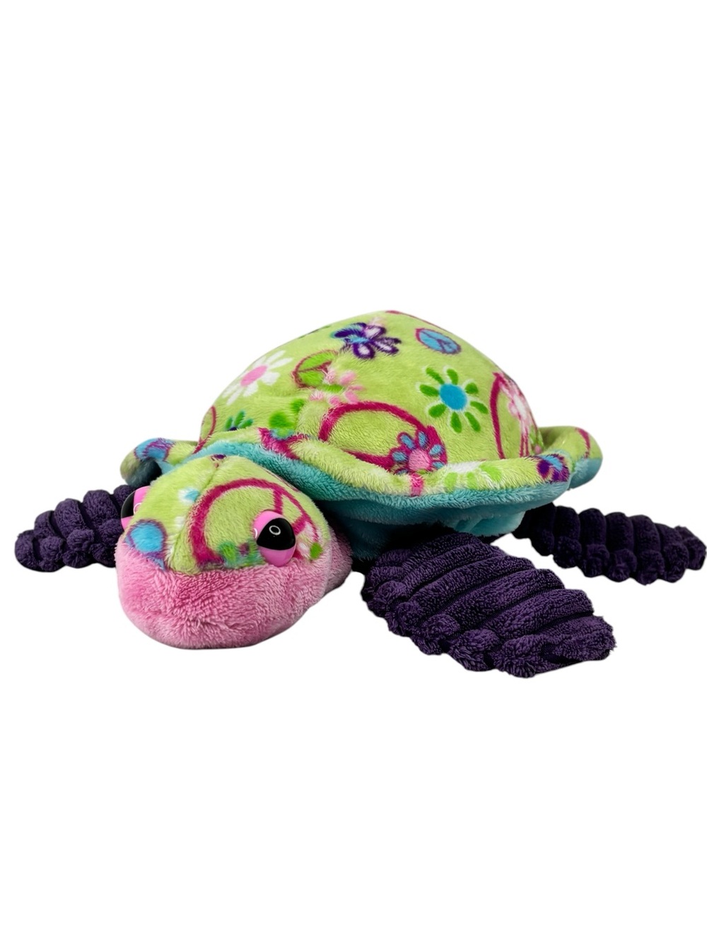 Douglas Cuddle Toys 12” Floral & Peace Sign Purple Flipper Green Turtle Plush